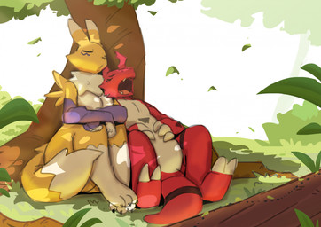 2_toes 3_fingers 3_toes anthro arm_tuft armwear armwear_only black_body black_markings black_nose breasts claws clothing cute_fangs dipstick_ears dipstick_tail duo ear_markings eyes_closed facial_markings fangs feet female finger_claws fingers fluffy fluffy_tail fur grass head_markings leaf leg_markings male markings mostly_nude multicolored_ears neck_tuft open_mouth outside plant purple_armwear purple_clothing red_body shoulder_tuft sitting sleeping socks_(marking) tail tail_markings teeth toe_claws toes tree tuft white_body white_fur yellow_body yellow_fur ghioel bandai_namco digimon digimon_(species) guilmon renamon 2025 colored_sketch hi_res sketch