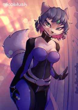 anthro bedroom_eyes blue_body blue_eyes blue_fur blue_hair bodysuit breasts cheek_tuft cleavage clothed clothing cosmic_background facial_tuft female fur gloves hair hand_on_hip handwear legs_together looking_at_viewer multicolored_body multicolored_fur narrowed_eyes seductive short_hair skinsuit slim solo space space_background spacecraft spacesuit standing tight_clothing tuft vehicle conditional_dnp nikoyishi nintendo star_fox krystal_(star_fox) canid canine fox mammal 2026 absurd_res digital_drawing_(artwork) digital_media_(artwork) digital_painting_(artwork) hi_res painting_(artwork) shaded signature