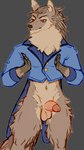 anthro athletic balls blue_clothing blue_jacket blue_topwear bottomless brown_body brown_fur cheek_tuft circumcised clothed clothing erection facial_tuft fur genitals gloves_(marking) hair humanoid_genitalia humanoid_penis jacket leg_tuft long_hair male markings neck_tuft open_palm orange_eyes partially_clothed penis simple_background solo standing thigh_tuft topwear tuft paldrum canid canine canis mammal wolf 2024 9:16 hi_res portrait three-quarter_portrait