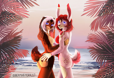 5_fingers anthro beach belly blue_eyes breasts brown_body brown_fur butt butt_pose casual_nudity cloud duo ears_down eyebrows eyelashes female female/female fingers floppy_ears fluffy fluffy_tail fur hair half-closed_eyes hand_behind_back hand_on_butt hug humanoid_hands light long_ears looking_at_viewer looking_back markings multicolored_body multicolored_fur narrowed_eyes nipples nude nude_beach outside pivoted_ears plant pose purple_eyes rear_view red_belly red_body red_fur red_hair red_nipples sand seaside short_hair short_tail sky slim smile social_nudity spots spotted_body spotted_fur standing sunlight sunset tail tan_belly tan_body tan_fur tan_nipples water white_body white_fur white_hair doberman_moralist lagomorph leporid mammal rabbit 2018