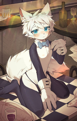 alcohol anthro bar beverage blue_eyes blush blush_lines bow_tie bulge claws clothing container cuffs_(clothing) cup drinking_glass finger_claws fluffy fluffy_tail fur furniture glass glass_container glass_cup kemono leggings legwear limp_wrist looking_at_viewer male nipples novelty_clothing on_table pointy_ears slim slim_anthro slim_male solo stockings table tail thong underwear white_body white_fur wine wine_glass young young_anthro young_male sosak0622 canid canine fox mammal absurd_res hi_res