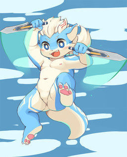 anthro blush dagger fur kemono male melee_weapon slightly_chubby smile solo tail weapon young young_anthro young_male moki_(artist) mythology dragon furred_dragon furred_scalie mythological_creature mythological_scalie scalie 2018
