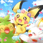 ambiguous_gender blush brown_eyes cherry_blossom eyes_closed feral flower flower_crown fur green_body green_fur group happy lens_flare plant prunus_(flower) smile trio white_body white_fur yellow_body yellow_fur aimia492 nintendo pokemon generation_2_pokemon generation_8_pokemon grookey pichu pokemon_(species) scorbunny 1:1