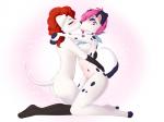 anthro black_nose breasts brown_hair duo female female/female hair hug kiss_on_lips kissing kneeling nude pink_hair simple_background white_background wide_hips taykoe freckles_(psy101) molly_(cobaltdawg) canid canine canis dalmatian domestic_dog mammal 4:3