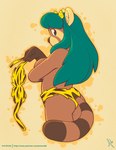 animal_skin anthro aura big_breasts bra breasts brown_nose butt clothed clothing cosplay covering covering_breasts female gloves_(marking) hair holding_bra holding_clothing holding_object holding_underwear horn long_hair looking_at_viewer looking_back markings panties panties_only side_view simple_background skimpy small_horn solo standing tan_background teal_eyes teal_hair topless tribal tribal_clothing underwear underwear_only yellow_horn joe_randel urusei_yatsura lum_(urusei_yatsura) pengsong_(rnixon) ailurid mammal red_panda 2020 absurd_res hi_res portrait three-quarter_portrait