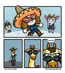 anthro clothing eyewear featureless_hands female hat headgear headwear horn mask ossicone sombrero sunglasses text katie_tiedrich animal_crossing awkwardzombie nintendo gracie_(animal_crossing) katie_tiedrich_(persona) kidd_(animal_crossing) kitty_(animal_crossing) villager_(animal_crossing) bovid caprine domestic_cat felid feline felis goat human mammal comic english_text