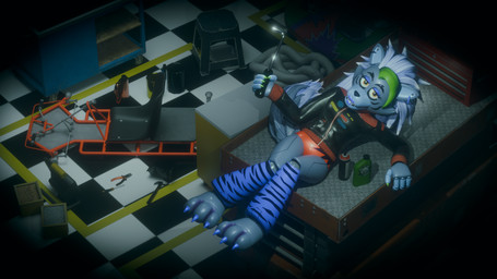 anthro clothing female green_highlights hammer highlights_(coloring) holding_object jacket leather leather_clothing leather_jacket leather_topwear machine pliers ratchet_wrench screwdriver solo toolbox tools topwear anonamine five_nights_at_freddy's five_nights_at_freddy's:_security_breach scottgames steel_wool_studios roxanne_wolf animatronic canid canine canis mammal robot wolf 16:9 hi_res widescreen