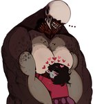 ambiguous_gender big_breasts breasts brown_body duo ellipsis exposed_muscle eyeless featureless_breasts female front_view heart_symbol hug huge_breasts larger_female open_mouth simple_background size_difference white_background white_body jellyborowski doom_(series) doom_eternal id_software microsoft demon demon_humanoid hell_knight humanoid monster monstrous_humanoid hi_res