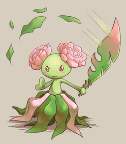 ambiguous_gender bottomwear brown_background cheek_spots clothing featureless_hands flower_(anatomy) frown green_body holding_melee_weapon holding_object holding_sword holding_weapon leaf melee_weapon motion_blur plant pseudo_clothing red_eyes shadow simple_background skirt solo sword weapon shellyochunks nintendo pokemon tales_of_tabira gnarl_(raindare) bellossom elemental_creature elemental_humanoid flora_fauna generation_2_pokemon humanoid plant_humanoid pokemon_(species) 2015 shaded male_(lore)