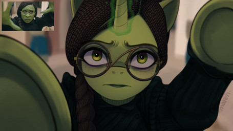 black_clothing clothing eyewear female feral glasses green_body green_eyes horn looking_at_viewer ponification screencap solo marenlicious hasbro my_little_pony mythology the_wonderful_wizard_of_oz wicked_(movie) wicked_(musical) wicked_witch_of_the_west equid equine mammal mythological_creature mythological_equine unicorn 16:9 hi_res widescreen