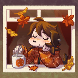 abstract_background anthro arm_support autumn autumn_leaves blush blush_lines brown_hair closed_smile clothing container cup ear_piercing eyelashes eyes_closed female hair hand_on_face leaf mouth_closed mug orange_clothing orange_sweater orange_topwear piercing smile solo sweater text topwear window salamanding joan_(salamanding) canid canine canis domestic_dog mammal 1:1 artist_name digital_drawing_(artwork) digital_media_(artwork) english_description hi_res watermark