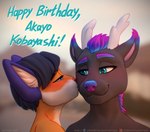 anthro birthday black_body black_fur blue_eyes blurred_background blush dark_body dark_fur duo eyebrows fur gradient_hair hair horn interspecies kissing kissing_cheek looking_at_another looking_pleasured male male/male multicolored_hair multicolored_nose outside purple_ears simple_background smile text white_body white_fur yellow_body yellow_fur kotyami mythology akayo_kobayashi kotyami_(kotyami) domestic_cat dragon eastern_dragon felid feline felis furred_dragon furred_scalie mammal mythological_creature mythological_scalie scalie 2023 digital_media_(artwork) english_text url