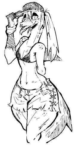 anthro bikini bikini_top bottomwear breasts clothing facial_piercing female fin forked_tongue furgonomic_piercing furgonomics hair hotpants nose_piercing nose_ring piercing ponytail pose ring_piercing sharp_teeth shorts small_breasts smile solo swimwear tail tail_fin teeth thick_thighs tongue tongue_out two-piece_swimsuit wide_hips clasp_(artist) jawlene_(herny) aquatic fish shark monochrome