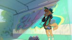 anthro bag baseball_cap bottomwear clothing face_mask female female_anthro footwear fur graffiti hat headgear headwear hoodie kemono kerchief looking_at_viewer shorts socks solo spray_can tan_body tan_fur topwear tunnel underpass aruurara canid canine canis domestic_dog mammal 16:9 hi_res wallpaper widescreen