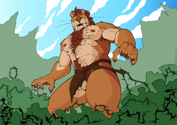 5_fingers anthro armpit_hair balls body_hair bottomwear brown_hair brown_nose chest_hair clothed clothed_anthro clothed_male clothing fangs fingers fur genitals hair happy_trail humanoid_hands loincloth loincloth_only male muscular muscular_anthro muscular_male nature navel nipples outside pubes sabertooth_(anatomy) solo tan_body tan_fur teeth thorns topless topless_anthro topless_male torn_bottomwear torn_clothing torn_loincloth wardrobe_malfunction whiskers sabercundo felid mammal prehistoric_species saber-toothed_tiger smilodon absurd_res hi_res