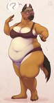 anthro belly big_belly big_breasts big_butt black_body black_claws black_fur black_nose bra breasts brown_body brown_fur butt claws clothing confusion female fur looking_at_self navel overweight overweight_female panties paws purple_bra purple_clothing purple_panties purple_underwear simple_background solo tail underwear white_body white_fur wide_hips aucherr canid canine canis domestic_dog german_shepherd herding_dog mammal pastoral_dog 2022 hi_res