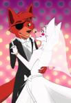 2017 animatronic anthro bow_(feature) bow_tie canid canine clothing cristalwolf567 crown digit_ring dress duo eye_patch eyewear female five_nights_at_freddy's five_nights_at_freddy's_2 fox foxy_(fnaf) funtime_foxy_(fnaf) fur hand_holding headgear hi_res hook husband_and_wife jewelry machine male male/female mammal mangle_(fnaf) married married_couple ring robot romantic romantic_couple scottgames simple_background veil wedding wedding_dress wedding_ring