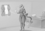 anthro anthrofied biped clothed clothing curtains eyewear female footwear fully_clothed glasses hair hand_behind_back holding_object inside paper smile solo standing sirmasterdufel friendship_is_magic hasbro my_little_pony mayor_mare_(mlp) earth_pony equid equine horse mammal pony 2015 greyscale monochrome