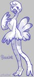 anthro beak black_beak blush breasts covering covering_breasts covering_self feathers feet female nervous nude shy solo standing tail tail_feathers talons text toes white_body white_feathers rabironi animal_crossing nintendo blanche_(animal_crossing) avian bird ostrich ratite 2020 hi_res