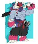 2023 4_fingers ancient_pokemon anthro bottomwear clothing collar digital_media_(artwork) fingers generation_9_pokemon great_tusk grey_body horn male muscular muscular_male nintendo pants paradox_pokemon pokemon pokemon_(species) red_eyes simple_background solo tattoorexy trunk tusks weapon