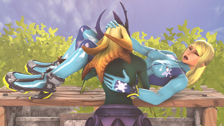arm_fin bench blonde_hair bodysuit breasts clothing cloud crossover_ship duo female fin grabbing_head green_body green_scales hair hand_on_back hand_on_head intersex intersex/female interspecies lying on_back on_bench outside park_bench ponytail scales skinsuit sky split_form suggestive tight_clothing zero_suit theboobedone eggman_(modeler) jojo's_bizarre_adventure league_of_legends metroid nintendo riot_games tencent nami_(lol) samus_aran aquatic human humanoid mammal merfolk 16:9 3d_(artwork) crossover digital_media_(artwork) hi_res source_filmmaker_(artwork) widescreen