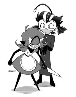 1_eye anthro clothed clothing duo ear_fins eyelashes eyewear female fin freckled_face freckles glasses holding_knife holding_object knife long_eyelashes lure_(anatomy) male simple_background white_background enaic31 hazbin_hotel hellaverse baxter_(hazbin_hotel) niffty_(hazbin_hotel) anglerfish aquatic cyclops demon demon_humanoid fish humanoid hi_res monochrome