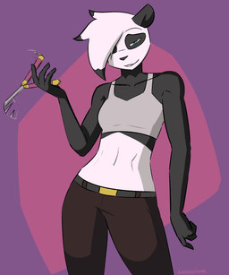 anthro belt black_belt black_body black_fur black_hair black_nose blue_eyes bottomwear bra brown_bottomwear brown_clothing brown_pants clothing female front_view fur grey_bra grey_clothing grey_underwear hair hair_over_eye looking_at_viewer midriff motion_lines navel pants pocket_knife purple_background simple_background smile smirk solo underwear white_body white_fur white_hair kanashiipanda book_of_lust ling_chee bear giant_panda mammal 2026 5:6