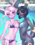 2017 amber_eyes anthro bikini black_body black_fur blush breast_squish breasts breasts_frottage clothed clothing digital_media_(artwork) duo eeveelution espeon female female/female fur generation_2_pokemon hair looking_at_viewer mammal navel nintendo pink_body pink_fur pokemon pokemon_(species) purple_eyes seaside short_hair simple_background small_breasts smile squish standing swimwear tawni_tailwind umbreon undressing