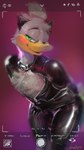 absurd_res anatid anseriform anthro avian beak bird blush catwoman chest_tuft clothing cosplay duck feathers halloween hi_res holidays latex leather leather_clothing male oselotti quill_wonderfowl solo tight_clothing tuft undressing unzipped_bodysuit