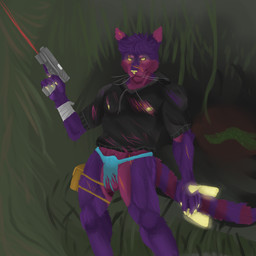 anthro balls bandage clothing damaged_clothing genitals glowing gun hoodie male nipples purple_body ranged_weapon solo tail topwear underwear weapon felinferno casualties:_unknown gunsaw gunsawian voyager_(gunsawian) hi_res