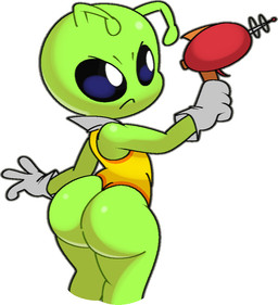 angry antennae_(anatomy) big_butt butt clothing gloves green_body handwear holding_object leotard male solo standing vilepluff alien humanoid