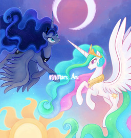 blue_body blue_eyes blue_hair blue_tail cutie_mark duo feathered_wings feathers female feral green_hair green_tail hair horn moon multicolored_hair multicolored_tail pink_eyes pink_hair pink_tail sun tail white_body wings mn27 friendship_is_magic hasbro my_little_pony mythology princess_celestia_(mlp) princess_luna_(mlp) equid equine mammal mythological_creature mythological_equine winged_unicorn 2021 digital_media_(artwork) hi_res signature watermark