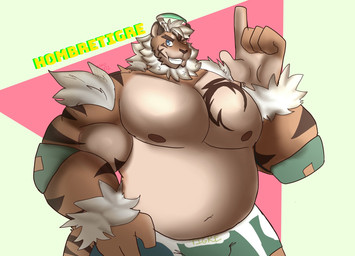 anthro belly bottomwear clothing fur gesture hand_gesture hand_on_hip humanoid_hands male navel nipples one_eye_closed pointing pointing_up shorts simple_background smile solo teeth text wink paintstainpawbz lifewonders tokyo_afterschool_summoners hombre_tigre_(tas) felid mammal pantherine tiger digital_drawing_(artwork) digital_media_(artwork) english_text hi_res signature