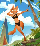 3_toes anthro barefoot bikini bikini_bottom bikini_bralette bikini_top breasts claws cleavage clothed clothing feet female fur green_eyes looking_at_viewer midriff navel orange_body orange_fur outside paws seaside smile solo swimwear toes two-piece_swimsuit ruffu dreamworks the_bad_guys diane_foxington canid canine fox mammal