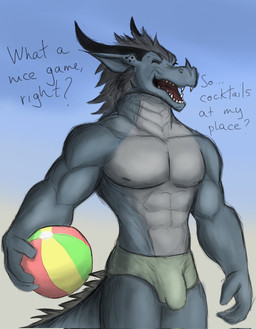 2_horns abs anthro ball beach_ball black_horn bulge clothed clothing dialogue duo eyes_closed grey_body grey_hair hair happy holding_ball holding_object horn inflatable long_horn male muscular muscular_anthro muscular_arms muscular_male nipples pecs sharp_teeth speedo speedo_only swimwear tail teeth text topless elhaz mythology dragon_gatekeeper_(elhaz) dragon mythological_creature mythological_scalie scalie english_text hi_res portrait three-quarter_portrait traditional_media_(artwork)