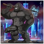 abs anthro axe balls biceps big_balls big_penis black_balls black_body black_fur black_glans black_penis bodily_fluids border city cum detailed_background fingers fur genital_fluids genitals glans grey_body grey_fur huge_penis humanoid_genitalia humanoid_penis macro male melee_weapon multicolored_body multicolored_fur muscular muscular_anthro muscular_male nipples nude pecs penis precum pubes red_eyes scar sharp_teeth solo standing teeth vein veiny_muscles veiny_penis weapon white_border aaron_(artist) king_kong_(series) king_kong ape gorilla haplorhine mammal primate 1:1 2021 digital_media_(artwork) hi_res