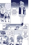 aira_kokonatsu anthro backpack base_three_layout blockage_(layout) canid canine canis clothed clothing comic dialogue domestic_dog duo english_text female five_frame_image fully_clothed hi_res horizontal_blockage human male mammal monochrome popwitter_ox senri_ooedo student text three_row_layout translated