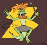 anthro clothed clothing green_body green_skin male melee_weapon partially_clothed polearm simple_background solo spear weapon yellow_eyes styxyesrenegade activision crash_bandicoot_(series) komodo_joe komodo_dragon lizard monitor_lizard reptile scalie 2020 absurd_res digital_media_(artwork) hi_res