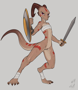 4_toes 5_fingers anthro arm_markings biped bottomless bottomless_anthro bottomless_female brown_claws brown_horn brown_tail casual_exposure chest_wraps claws clothed clothed_anthro clothed_female clothing countershade_face countershade_feet countershade_hands countershade_legs countershade_neck countershade_tail countershade_torso countershading curled_horn digitigrade facial_markings feet female female_anthro fighting_pose fingers flat_chested flesh_fang foot_wraps genitals gradient_tail grey_background head_markings holding_melee_weapon holding_object holding_shield holding_sword holding_weapon horn humanoid_genitalia humanoid_hands humanoid_vulva leg_markings long_tail looking_at_viewer markings melee_weapon mouth_closed multicolored_body multicolored_tail narrowed_eyes pose pupils purple_eyes red_markings serious serious_face shield shoulder_markings simple_background slim slim_anthro slim_female slit_pupils solo standing sword tail tail_markings tan_body tan_countershading tapering_tail three-quarter_view toe_claws toes vulva weapon white_sclera white_wraps wraps w4g4 kobold scalie 2019 alternate_version_at_source full-length_portrait hi_res pinup portrait