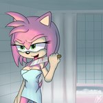 anthro bathroom blood bodily_fluids breasts cleavage clothed clothing female fur green_eyes knife open_mouth pink_body pink_fur self-harm solo thin_thighs tongue tongue_out towel towel_wrap maulnarch_blooderfly sega sonic_the_hedgehog_(series) amy_rose eulipotyphlan hedgehog mammal 1:1 hi_res