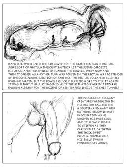 2_panel_comic anal anal_vore animal_genitalia anthro anus balls bodily_fluids erection feces genital_fluids genitals group horse_feces human_prey inside_anus inside_rectum internal long_penis macro macro_pred male nude_pred nude_taur penis precum profanity puffy_anus sheath sitting taur_pred text vein veiny_penis vore gianttoby human mammal taur black_and_white english_text monochrome sketch