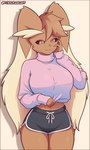 5_fingers anthro bottomwear breasts brown_body brown_fur clothed clothed_anthro clothed_female clothing female fingers front_view fully_clothed fully_clothed_anthro fully_clothed_female fur long_ears navel red_eyes simple_background smile standing topwear yorusagi nintendo pokemon generation_4_pokemon lopunny pokemon_(species) 2025 digital_media_(artwork) hi_res
