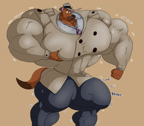 5_fingers biceps big_bulge big_muscles big_pecs black_eyebrows black_eyes black_nose brown_body brown_fur bulge button_(fastener) cheek_tuft clothing coat creaking deltoids detective eyebrows facial_markings facial_tuft fingers fist fur genital_outline groping_chest groping_pec growth hat head_markings headgear headwear huge_bulge huge_muscles huge_pecs hyper hyper_bulge hyper_muscles latissimus_dorsi looking_down looking_down_at_self male markings motion_lines muscular muscular_legs muzzle_(marking) necktie onomatopoeia open_mouth pattern_necktie pecs pink_inner_ear pink_tongue pointy_ears quads self_grope shirt shocked simple_background solo sound_effects strain_(sound_effect) striped_necktie tail tail_markings tan_background text thick_thighs throbbing throbbing_bulge tight_clothing tongue topwear trenchcoat triceps trilby tuft unsigned wide_eyed worried greggrth dog_city fox_kids nelvana ace_hart canid canine canis domestic_dog german_shepherd herding_dog mammal pastoral_dog 2024 hi_res line_art portrait story story_in_description three-quarter_portrait