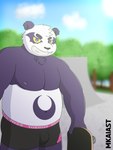 anthro black_clothing blurred_background boxers_(clothing) clothing fur male nipples pink_clothing purple_body purple_fur skate_park skateboard slightly_chubby solo underwear vehicle white_body white_clothing white_fur yellow_sclera mkaiast lifewonders tokyo_afterschool_summoners alp_(tas) bear giant_panda mammal absurd_res hi_res