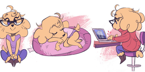 anthro biped boots bottomwear chair clothing computer electronics eyelashes eyeliner eyewear female footwear fur furniture glasses hair laptop long_hair makeup panties pants shirt shoes sleeping smile solo sweater tail topwear underwear yellow_body yellow_fur itsdanfango julie_(itsdanfango) canid canine canis domestic_dog mammal 2021 hi_res