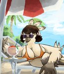 anthro beach beach_chair beach_umbrella big_breasts bikini breasts brown_eyes clothing drinking_straw eyewear feathers female non-mammal_breasts parasol peak seaside silly_straw slushie solo sunglasses swimwear two-piece_swimsuit gallardo la_pavita_pechugona pavita_pechugona avian bird galliform phasianid turkey absurd_res hi_res