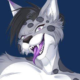 anthro black_hair black_nose evil_grin facial_tuft fur grey_body grey_fur hair long_tongue male markings purple_body purple_eyes purple_fur purple_tongue sharp_teeth smile solo spots spotted_markings teeth tongue tongue_out tuft white_body white_fur altaluna skyler_(skylerlynx) canada_lynx felid feline lynx mammal 1:1 absurd_res alpha_channel hi_res