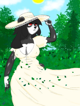 5_fingers anthro black_body black_hair breasts cleavage clothed clothing cloud day detailed_background dress female fingers grass hair hat headgear headwear leaf long_hair multicolored_body nipple_outline outside plant pupils red_eyes red_pupils sky solo standing sun tree two_tone_body white_body yoshida hedgehogtheluh pandora bear giant_panda mammal 3:4 absurd_res hi_res signature