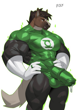 abs anthro balls_outline biceps big_bulge big_muscles biped black_clothing black_skinsuit bodily_fluids bodysuit brown_body bulge clothing detailed_bulge erection erection_under_clothing genital_outline gloves green_glow green_lantern_ring hair handwear huge_bulge male male_anthro muscular muscular_anthro muscular_male pecs penis_outline simple_background skinsuit solo spandex superhero superhero_costume tail thick_thighs tight_clothing white_background white_clothing white_gloves white_handwear cxcxxcxxxx dc_comics green_lantern green_lantern_(series) equid equine horse mammal absurd_res digital_media_(artwork) hi_res signature