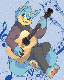 3_toes 4_fingers acoustic_guitar anthro barefoot biped black_nose blue_background blue_body blue_eyes blue_fur blush bottomwear clothed clothing feet fingers fully_clothed fur fur_markings grin guitar holding_musical_instrument holding_object looking_at_viewer male markings multicolored_body multicolored_fur musical_instrument musical_note musical_symbol pants pawpads pink_pawpads playing_guitar playing_music plucked_string_instrument scarf shirt simple_background sitting smile solo string_instrument symbol tan_body tan_fur teeth toes topwear two_tone_body two_tone_fur saku1saya seiya_(saku1saya) canid canine canis domestic_dog mammal 2015